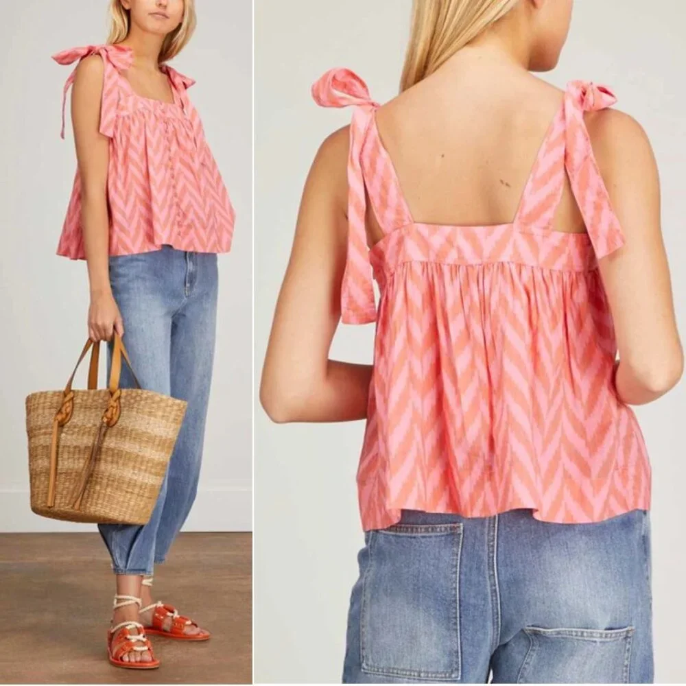 ULLA JOHNSON Iris Tank Size 8 Tie Shoulder Bougainvillea Chevron Poplin NEW $245 - Picture 3 of 16